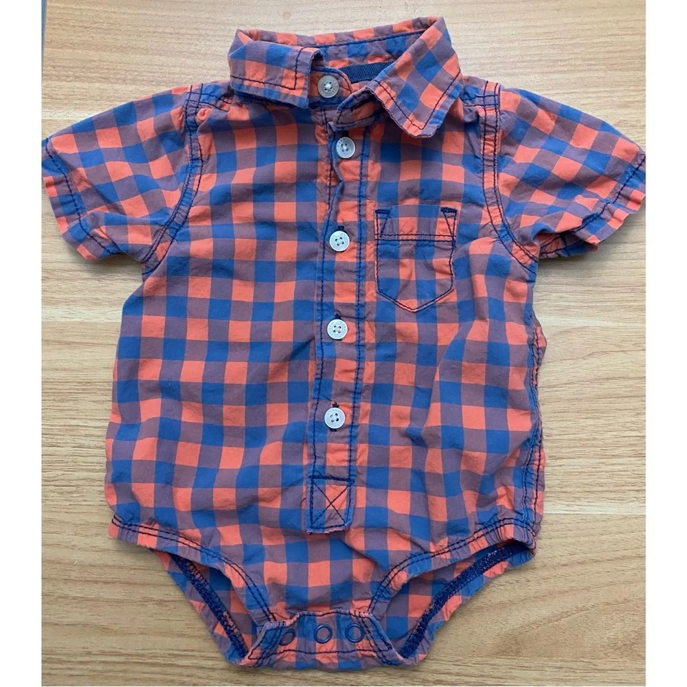 OshKosh B'gosh Orange and Blue Plaid Bodysuit Size 3 - 6 Months